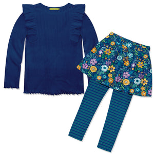 Kids Navy Ribbed Ruffle Long-Sleeve Top & Forever Floral Leggings