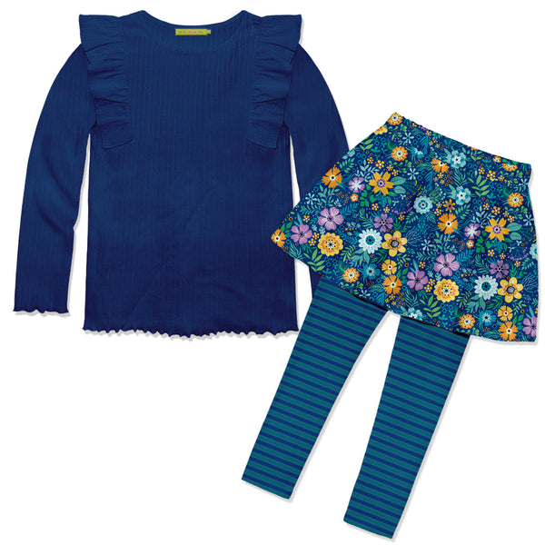 Kids Navy Ribbed Ruffle Long-Sleeve Top & Forever Floral Leggings