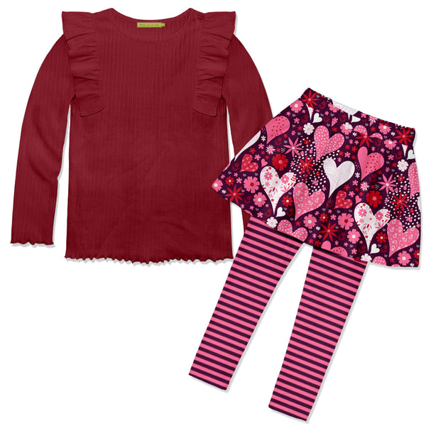 Kids Red Ribbed Ruffle Long-Sleeve Top & Heart Skirted Leggings