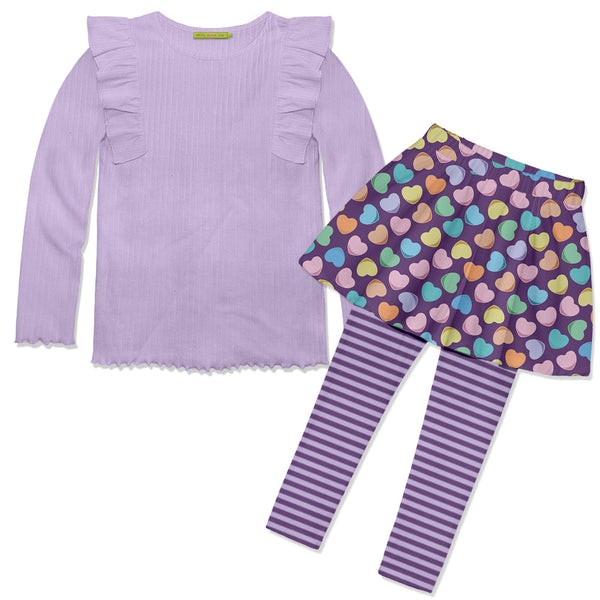 Kids Orchid Petal Ribbed Ruffle Long-Sleeve Top & Candy Hearts Skirted Leggings