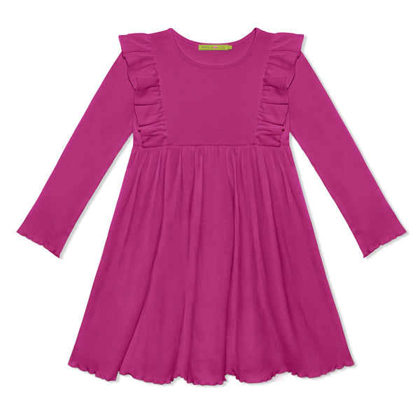 Kids Rose Violet Ribbed Ruffle-Shoulder A-Line Dress