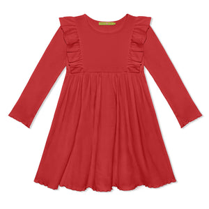 Kids Red Ribbed Ruffle-Shoulder A-Line Dress