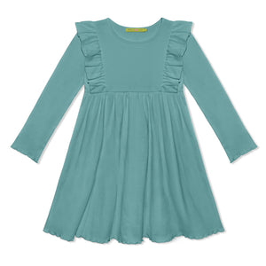 Kids Nile Blue Ribbed Ruffle-Shoulder A-Line Dress
