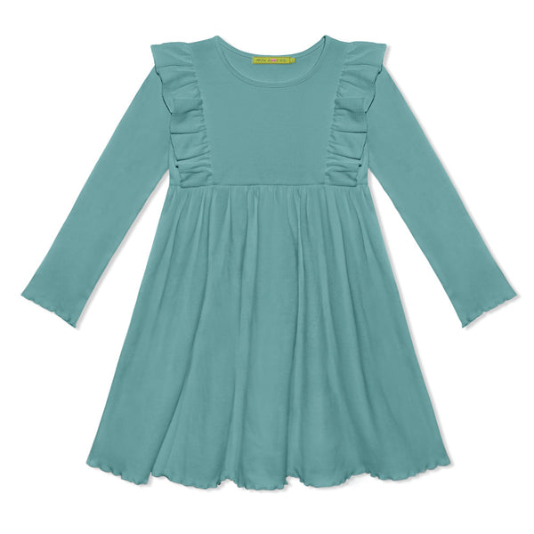 Kids Nile Blue Ribbed Ruffle-Shoulder A-Line Dress