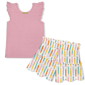 Kids Dusty Pink Ribbed Ruffle-Sleeve Top & Pencils Split Skirt