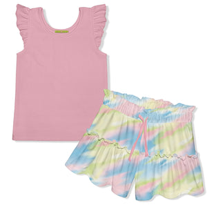 Girls pink tank top and tie-dye shorts set on a white background, front