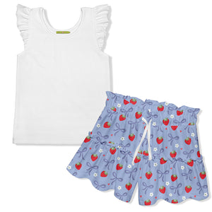 Girls white tank top and blue shorts with strawberry pattern on a white background, front