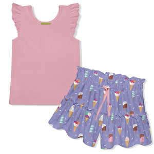 Girls pink tank top and purple shorts with ice cream cone pattern on a white background, front