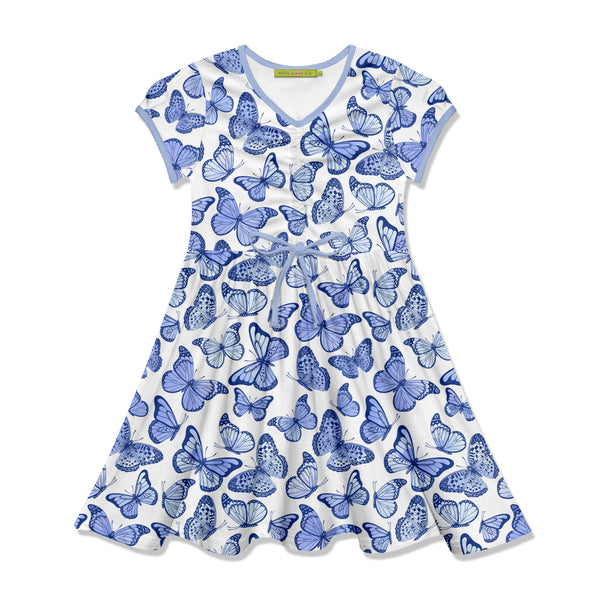 Kids White & Blue Butterfly Bow-Waist Cap-Sleeve Dress