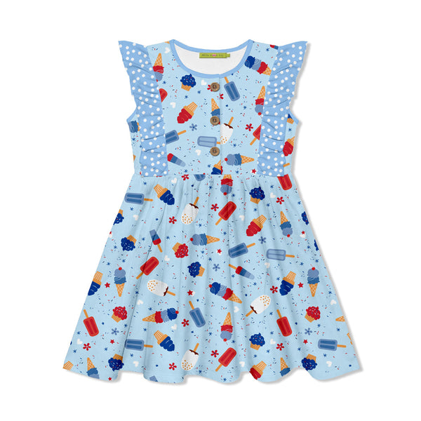 Ice Blue Ice Cream Button Ruffle-Sleeve Dress