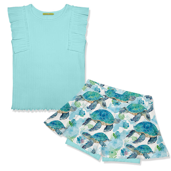 Mint Ribbed Ruffle Sleeveless Top & Turtle Wonder Skort
