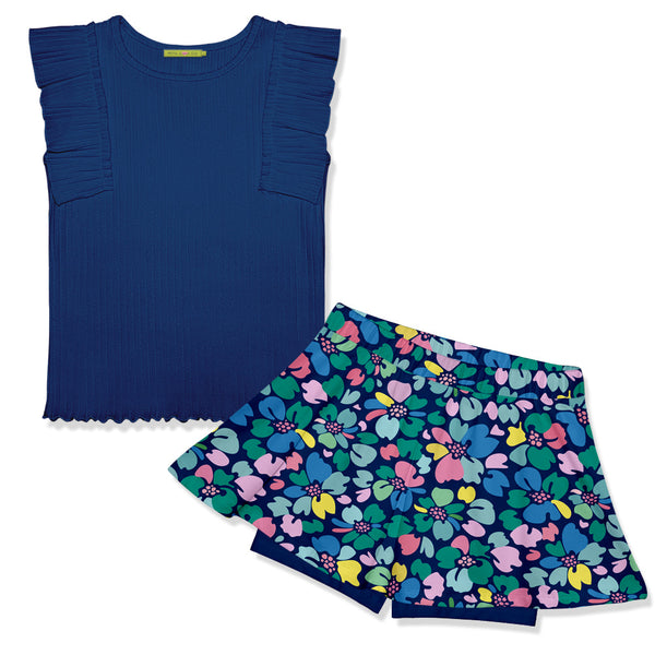 Navy Ribbed Sleeveless Top & Block Floral Skort