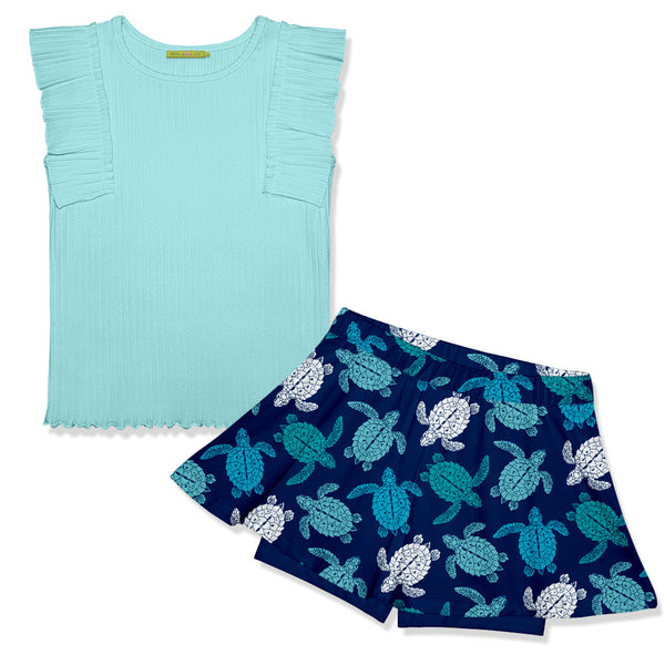 Mint Ribbed Ruffle Sleeveless Top & Turtle Skort