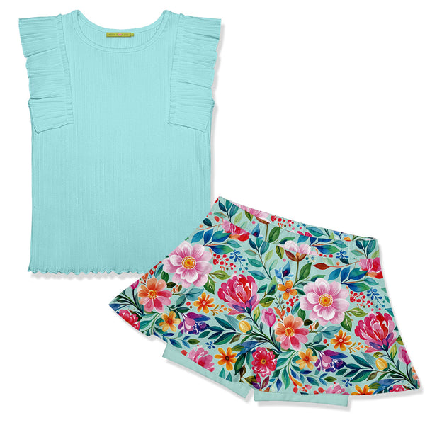 Kids Mint Ribbed Ruffle Sleeveless Top & Becky Floral Skort