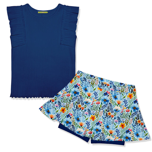 Kids Navy Ribbed Ruffle Sleeveless Top & Rainbow Floral Skort