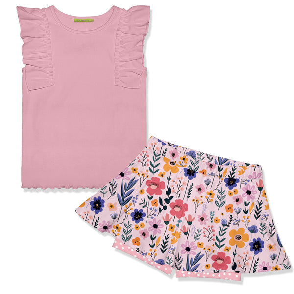 Pink Ribbed Ruffle Sleeveless Top & Floral Skort