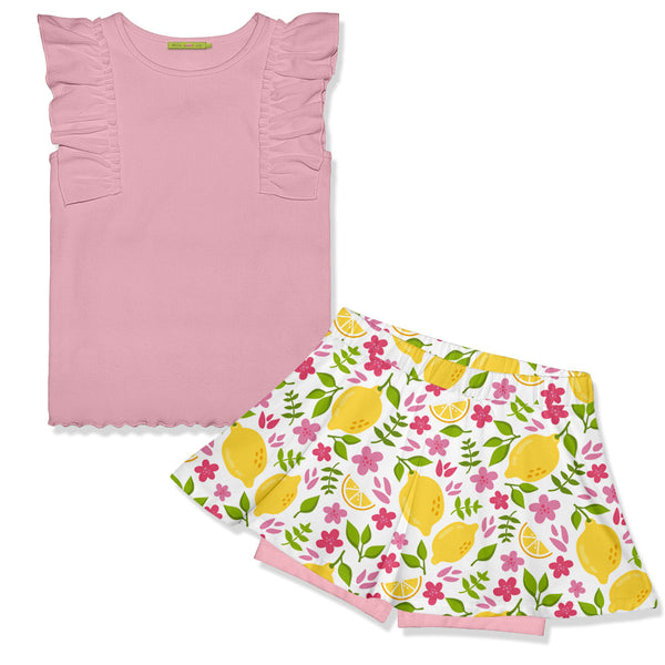 Dusty Pink Ribbed Ruffle Sleeveless Top & Lemonade Skort