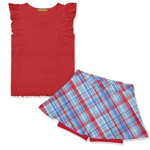 Kids Red Ribbed Ruffle Sleeveless Top & Plaid Skort