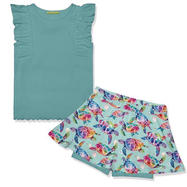 Kids Nile Blue Ribbed Ruffle Sleeveless Top & Tie-Dye Turtles Skort