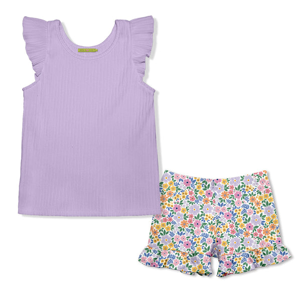 Kids Orchid Petal Ribbed Ruffle-Sleeve Top & Spring Bouquet Ruffle Shorts