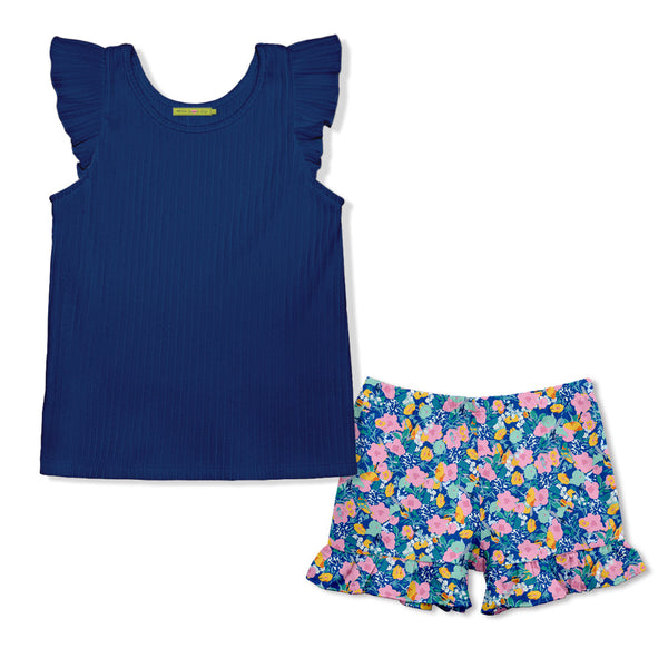 Kids Navy Ribbed Ruffle-Sleeve Top & Floral Whimsy Ruffle Shorts