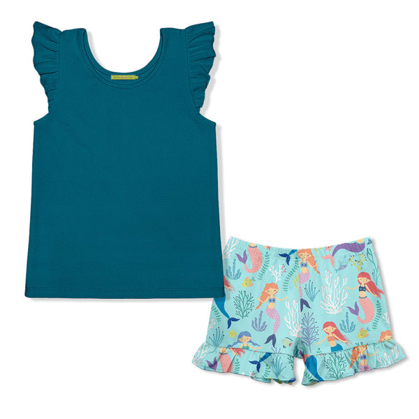 Teal Ribbed Ruffle-Sleeve Top & Mermaid Shorts