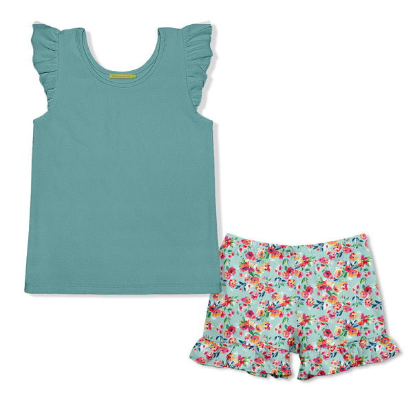 Kids Nile Blue Ribbed Ruffle-Sleeve Top & Floral Shorts