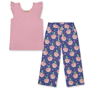 Kids Dusty Pink Ribbed Ruffle-Sleeve Top & Apple Flowers Wide-Leg Pants