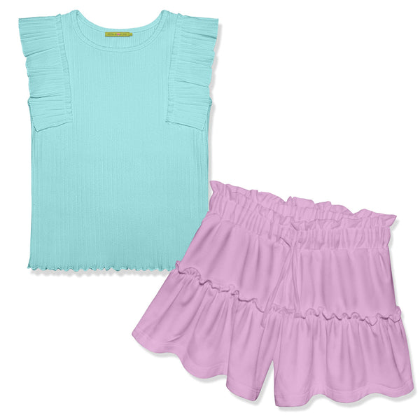 Kids Mint Ribbed Ruffle Sleeveless Top & Lilac Split Skirt
