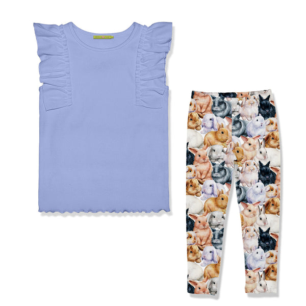 Kids Periwinkle Ribbed Ruffle Sleeveless Top & Bunnies Leggings