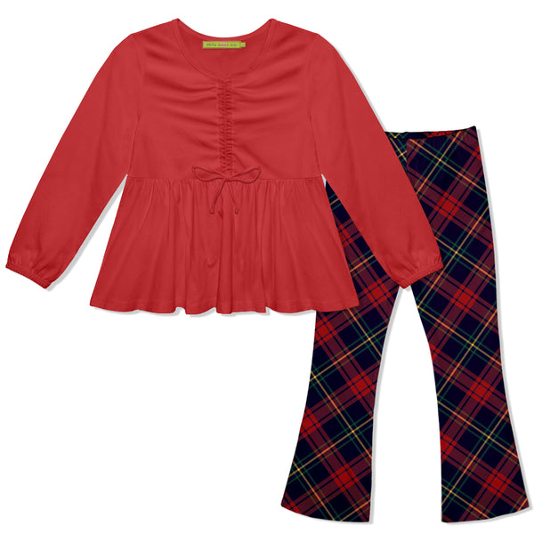 Red Babydoll Top & Fall Plaid Flare Leggings