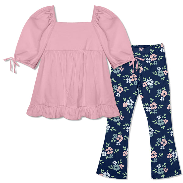 Dusty Pink Puff Sleeve Ruffle-Hem Top & Abby Floral Flare Leggings