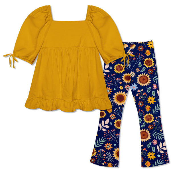 Marigold Puff-Sleeve Top & Navy Sunflower Meadow Flare Leggings