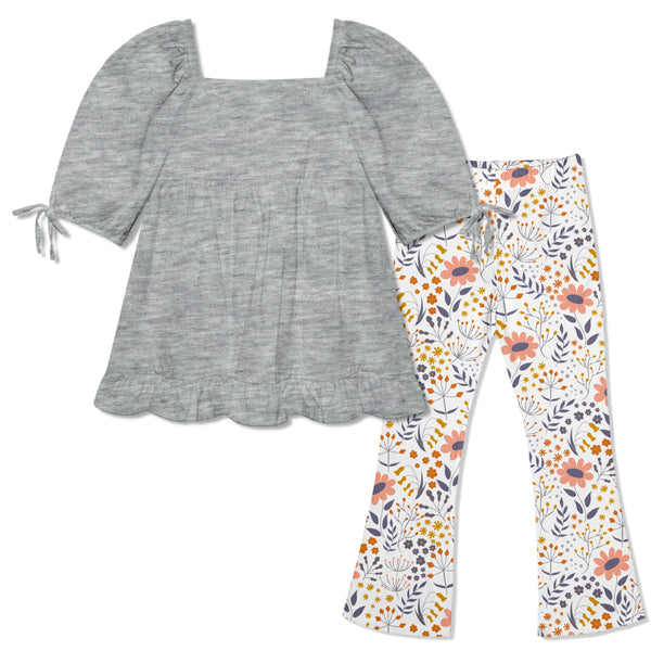 Gray Heather Puff-Sleeve Top & Flower Fairies Leggings