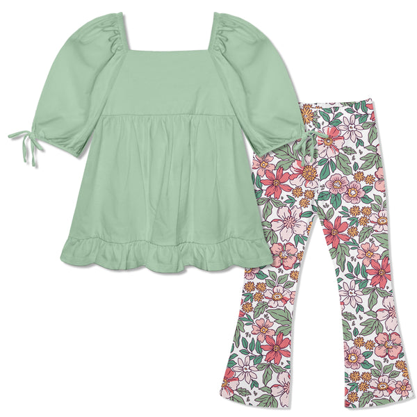 Sage Puff-Sleeve Top & Pink Saylor Floral Flare Leggings