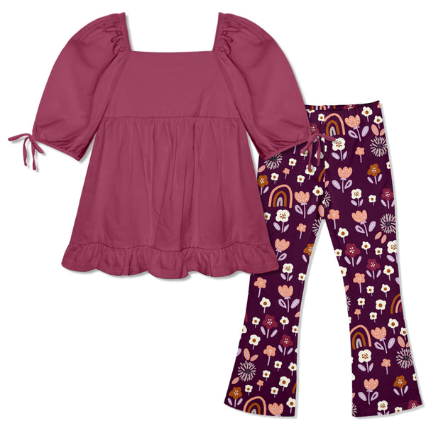 Slate Rose Puff-Sleeve Top & Floral & Rainbows Flare Leggings