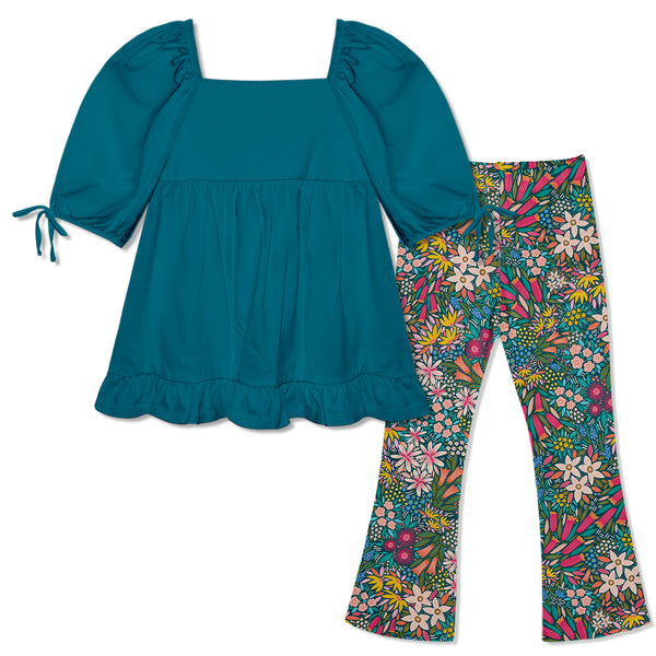 Teal Puff-Sleeve Top & Australian Flowers Flare Leggings