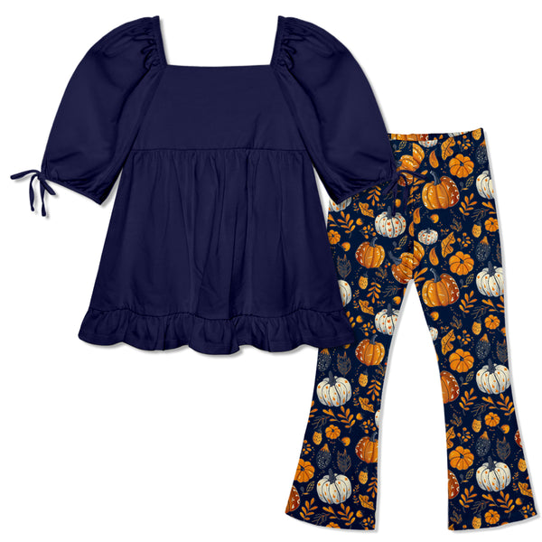 Dark Navy Puff Sleeve Ruffle-Hem Top & Pumpkins Flare Leggings