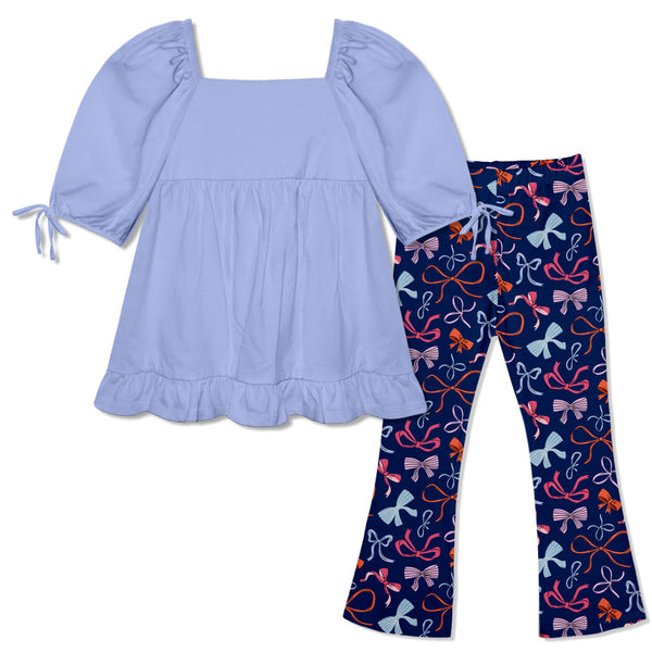 Periwinkle Puff-Sleeve Top & Bows Flare Leggings