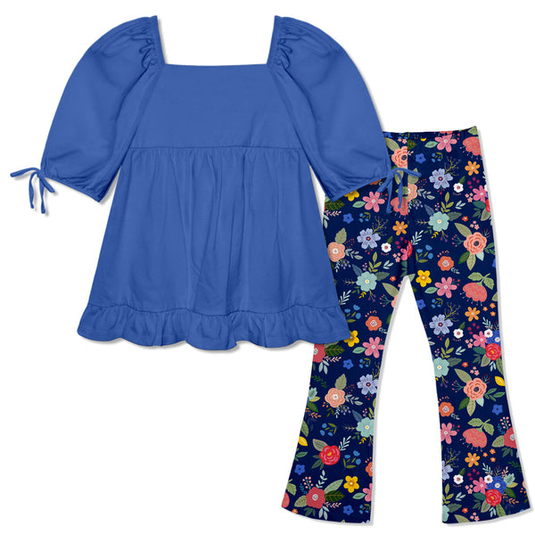 Blue Puff-Sleeve Top & Four Florals Flare Leggings