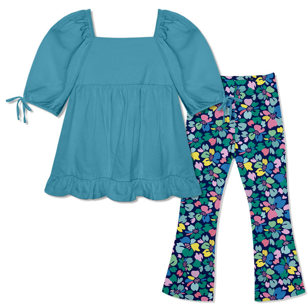 Turquoise Puff-Sleeve Top & Block Floral Flare Leggings