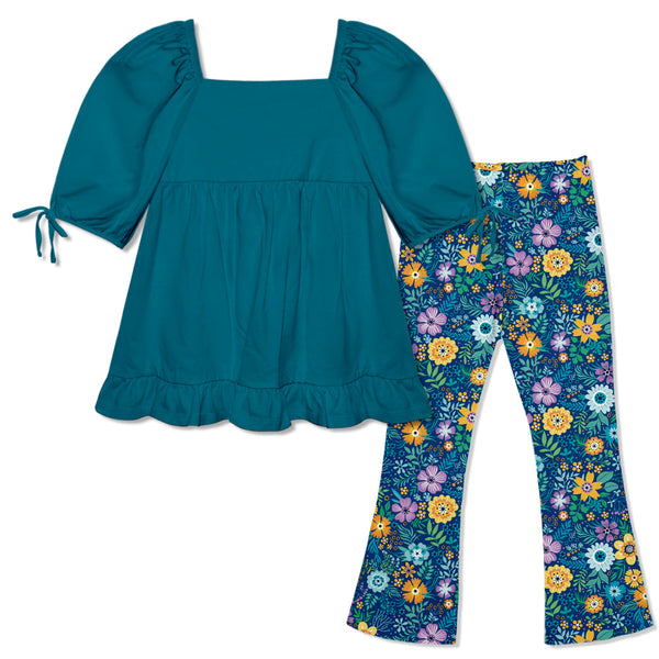 Kids Teal Puff-Sleeve Top & Forever Floral Flare Leggings