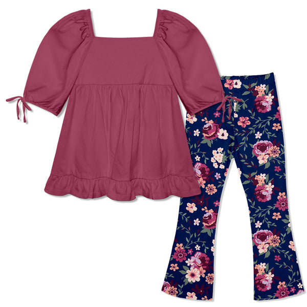 Kids Slate Rose Puff-Sleeve Top & Willow Floral Flare Leggings