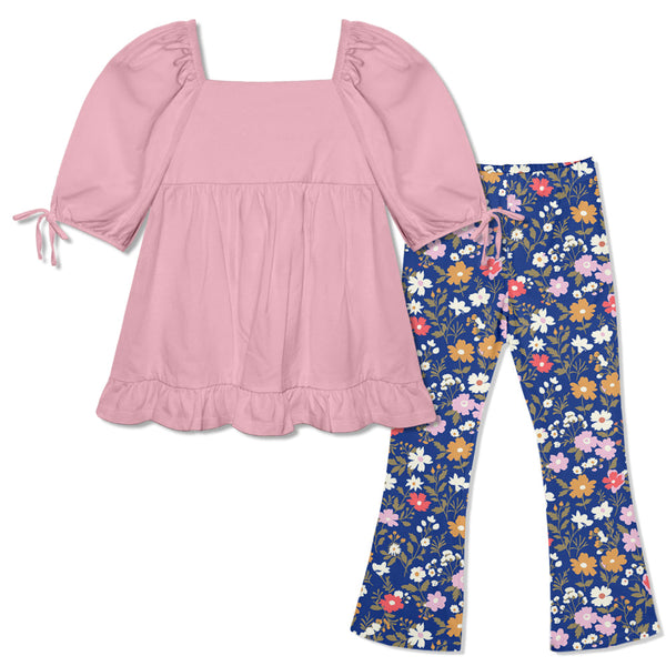Kids Dusty Pink Puff-Sleeve Top & Beatrice Floral Flare Leggings