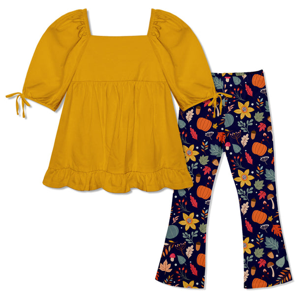 Kids Marigold Puff-Sleeve Top & Forest & Flowers Flare Leggings