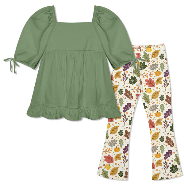 Kids Loden Frost Puff-Sleeve Top & Harvest Leaves Flare Leggings