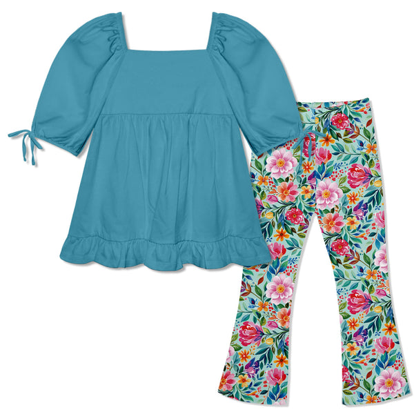 Kids Turquoise Puff-Sleeve Top & Becky Floral Flare Leggings