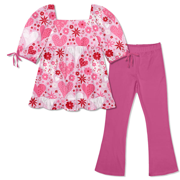 Heart Puff Sleeve Ruffle-Hem Top & Rose Violet Flare Leggings