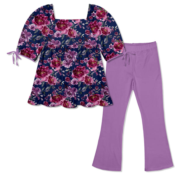 Dark Navy Floral Puff Sleeve Ruffle-Hem Top & Purple Flare Leggings