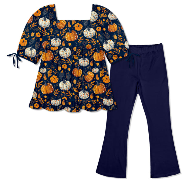 Dark Navy Pumpkins Puff Sleeve Ruffle-Hem Top & Flare Leggings